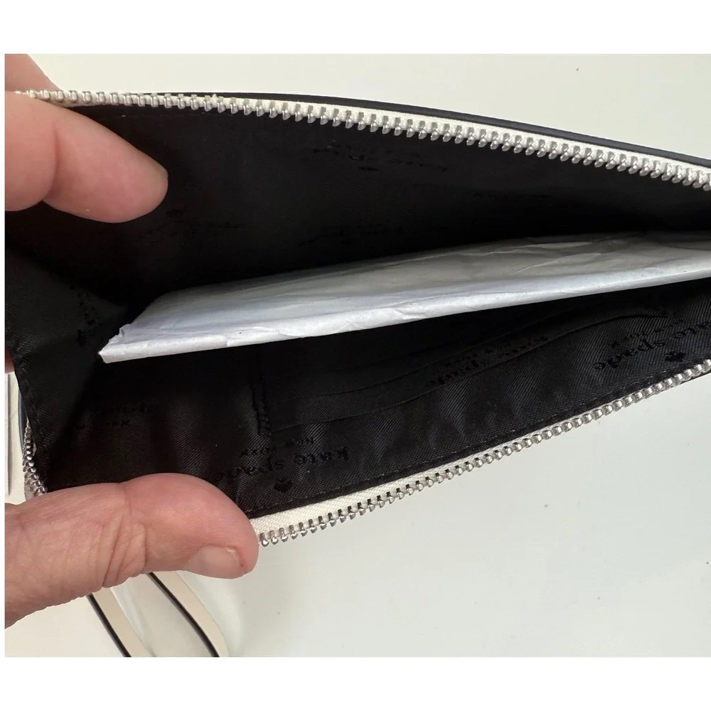 Kate Spade Colorblock Saffiano‎ Leather Medium L-Zip Wristlet Grey White DEFECT